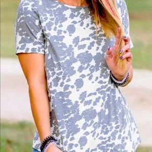 GRAY CROCHET LACE PATCHWORK COW PRINT SHORT SLEEVE T-SHIRT